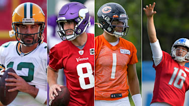 Aaron Rodgers, Kirk Cousins, Justin Fields, Jared Goff (v.l.)