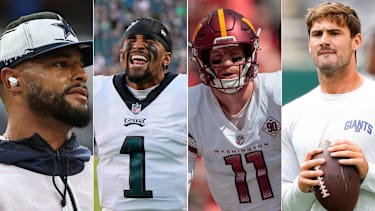 Dak Prescott, Jalen Hurts, Carson Wentz, Daniel Jones (v.l.)