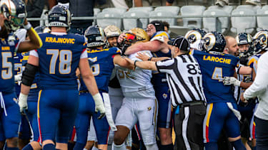 Rudelbildung bei Berlin Thunder gegen Alpine Rams in der AFLE.