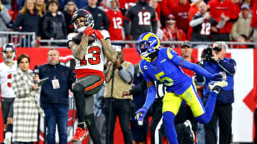 Tampa Bay Buccaneers wide receiver Mike Evans (13) catches a touchdown pass against Los Angeles Rams cornerback Jalen Ramsey