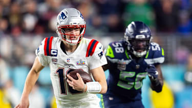 Quarterback Drake Maye von den New England Patriots während Super Bowl LX gegen die Seattle Seahawks im Levi’s Stadium in Santa Clara, Kalifornien (NFL, American Football, USA)