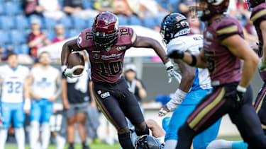 Tackle 10 Harlan Kwofie (Wide Receiver) Rhein Fire Rhein Fire vs Panthers Wroclaw, American Football, American Football League Europe, Week 8, 2026, 12.07.2026, Duisburg Schauinsland-Reisen-Arena Germany Copyright: xFootxBowl ChristopherxMettkenx