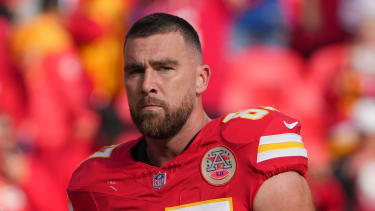Kansas City Chiefs tight end Travis Kelce (87) looks on before the game against the Indianapolis Colts at GEHA Field at Arrowhead Stadium.