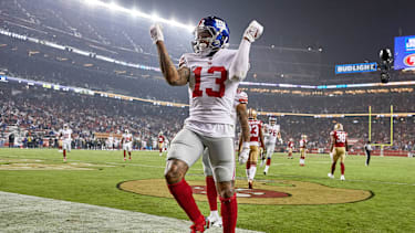 Wide Receiver Odell Beckham Jr. von den New York Giants feiert im Jahr 2018 mit einem Tanz nach einem Touchdown im Spiel gegen die San Francisco 49ers im Levi’s Stadium