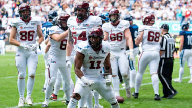 Jonathan Scott 11 mit dem Jubel Rhein Fire vs Nordic Storm, American Football, European League of Football, Week 14, Season 2025, 17.08.2025, Photo: Foot Bowl pacho4k Duisburg Schauinslandreisen Arena Duisbur Germany Copyright: xFootxBowl pacho4kx