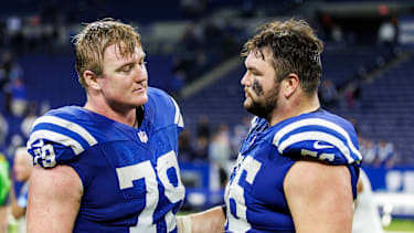 NFL, American Football Herren, USA 2025: Jaguars vs Colts JAN 05 January 05, 2025: Indianapolis Colts offensive lineman Bernhard Raimann (79) and Indianapolis Colts offensive lineman Quenton Nelson (56) after NFL game action against the Jacksonville Jaguars at Lucas Oil Stadium in Indianapolis, Indiana. John Mersits CSM. (Credit Image: Â John Mersits Cal Media) EDITORIAL USE ONLY Copyright: xx ZUMA-20250105_zma_c04_140.jpg JohnxMersitsx csmphotothree341684