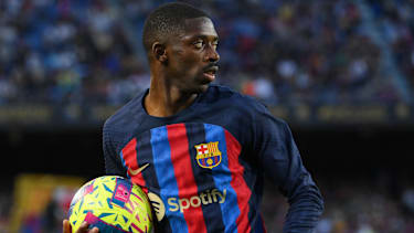 Barcelona's French forward Ousmane Dembele takes the ball during the Spanish league football match between FC Barcelona and CA Osasuna at the Camp Nou stadium in Barcelona on May 2, 2023. (Photo by LLUIS GENE / AFP) (Photo by LLUIS GENE/AFP via Getty Images)