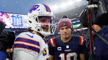 Buffalo Bills quarterback Josh Allen (L) greets New England Patriots quarterback Drake Maye (R) after the Buffalo Bills defeated the New England Patriots at Gillette Stadium in Foxborough, Massachusetts on Sunday, December 14, 2025. PUBLICATIONxNOTxINxUSA BOP202512140362 CJxGUNTHER