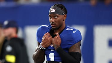 Wide Receiver Malik Nabers von den New York Giants vor dem NFL-Spiel gegen die Kansas City Chiefs im MetLife Stadium in East Rutherford (American Football, USA)