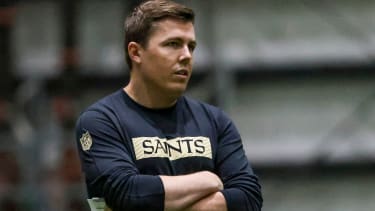 METAIRIE, LOUISIANA - MAY 10: Kellen Moore head coach of the New Orleans Saints looks on during rookie minicamp at the Ochsner Sports Performance Center on May 10, 2025 in Metairie, Louisiana. (Photo by Derick E. Hingle/Getty Images)