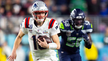 Feb 8, 2026; Santa Clara, CA, USA; New England Patriots quarterback Drake Maye (10) against the Seattle Seahawks during Super Bowl LX at Levi's Stadium. Mandatory Credit: Mark J. Rebilas-Imagn Images