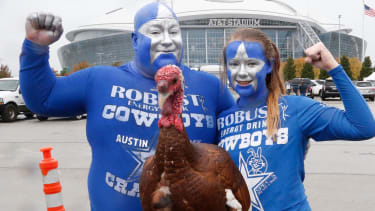 Nov 26, 2015; Arlington, TX, USA; Slim Hackett and Al-Pal Hackett pose with  Tailgate Tom the turkey before the game between the Dallas Cowboys and the Carolina Panthers on Thanksgiving at AT&amp;T Stadium. Mandatory Credit: Tim Heitman-Imagn Images