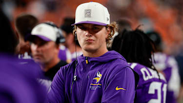 Aug 28, 2026; Denver, Colorado, USA; Minnesota Vikings quarterback J.J. McCarthy (9) looks on in the second quarter against the Denver Broncos at Empower Field at Mile High. Mandatory Credit: Isaiah J. Downing-Imagn Images