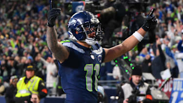 NFL, American Football Herren, USA NFC Championship Game-Los Angeles Rams at Seattle Seahawks Jan 25, 2026; Seattle, WA, USA; Seattle Seahawks wide receiver Jaxon Smith-Njigba (11) celebrates after scoring a touchdown against the Los Angeles Rams during the first half in the 2026 NFC Championship Game at Lumen Field. Seattle Lumen Field WA USA, EDITORIAL USE ONLY PUBLICATIONxINxGERxSUIxAUTxONLY Copyright: xStevenxBisigx 20260125_lbm_ab9_076