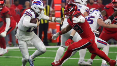 Nov 20, 2025; Houston, Texas, USA; Houston Texans linebacker Henry To'oTo'o (39) sacks Buffalo Bills quarterback Josh Allen (17) in the second half at NRG Stadium. Mandatory Credit: Thomas Shea-Imagn Images