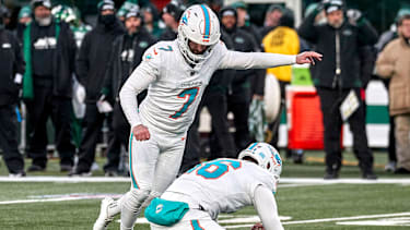 New York Jets Kicker Jason Sanders (7) kickt ein Field Goal im MetLife Stadium in East Rutherford, New Jersey.