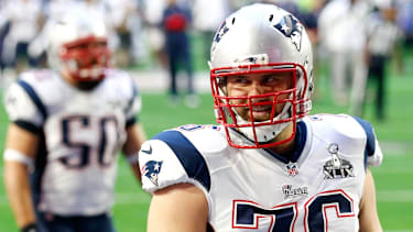 New England Patriots Offensive Tackle Sebastian Vollmer im Super Bowl XLIX gegen die Seattle Seahawks.
