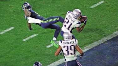 Interception Malcolm Butler (Patriots) kurz vor dem Ende - Super Bowl XLIX, Seattle Seahawks vs. New England Patriots, University of Phoenix Stadium, Phoenix