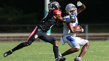 Drequan Harris (Pforzheim Wilddogs, 09) runs with the ball, Düsseldorf Panther vs Pforzheim Wilddogs, American Football, German Football League, Week 8, 2025, 28.06.2025, Duesseldorf Stadion VFL Benrath Germay Copyright: xFootxBowl KlausxSackx