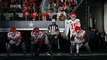 Nov 27, 2025; Arlington, Texas, USA; Kansas City Chiefs quarterback Patrick Mahomes (15) waits for the snap against the Dallas Cowboys during the second quarter at AT&amp;T Stadium. Mandatory Credit: Kevin Jairaj-Imagn Images