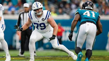 Indianapolis Colts Offensive Tackle Bernhard Raimann (79) beim Spiel gegen die Jacksonville Jaguars.