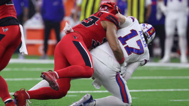 Nov 20, 2025; Houston, Texas, USA; Houston Texans linebacker Henry To'oTo'o (39) sacks Buffalo Bills quarterback Josh Allen (17) in the second half at NRG Stadium. Mandatory Credit: Troy Taormina-Imagn Images