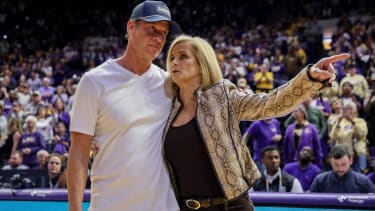 January 01, 2026: New LSU Football Head Coach Lane Kiffin is introduced to the crowd with Women s Basketball Head Coach Kim Mulkey prior to NCAA, College League, USA Women s Basketball game action between the Kentucky Wildcats and the LSU Tigers at the Pete Maravich Assembly Center in Baton Rouge, LA. CSM Baton Rouge USA - ZUMAc04_ 20260101_zma_c04_303 Copyright: xJonathanxMailhesx