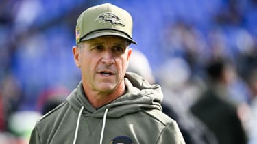 Oct 26, 2025; Baltimore, Maryland, USA;  Baltimore Ravens head coach John Harbaugh looks on before the game against the Chicago Bears at M&amp;T Bank Stadium. Mandatory Credit: Tommy Gilligan-Imagn Images