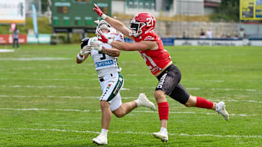 German Football League (GFL),Schwäbisch Hall Unicorns gegen Potsdam Royals. Optima Sportpark 19.07.2025 Schwäbisch Hall Optima Sportpark Baden-Württemberg Deutschland *** German Football League GFL ,Schwäbisch Hall Unicorns vs Potsdam Royals Optima Sportpark