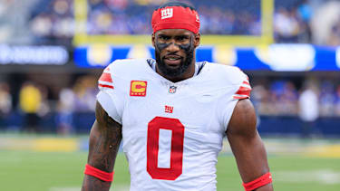 Outside Linebacker Brian Burns (0) von den New York Giants beim Aufwärmen vor dem NFL-Spiel gegen die Los Angeles Rams.