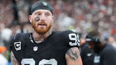 Sep 28, 2025; Paradise, Nevada, USA; Las Vegas Raiders defensive end Maxx Crosby (98) looks on from the sideline during the first quarter against the Chicago Bears at Allegiant Stadium. Mandatory Credit: Kiyoshi Mio-Imagn Images