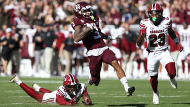 Texas A&amp;M Aggies wide receiver Ashton Bethel-Roman (3) runs with the ball during the third quarter against the South Carolina Gamecocks at Kyle Field. Mandatory Credit: Troy Taormina-Imagn Images