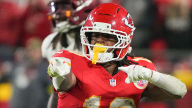 Oct 27, 2025; Kansas City, Missouri, USA; Kansas City Chiefs running back Isiah Pacheco (10) reacts after a play against the Washington Commanders during the fourth quarter of the game at GEHA Field at Arrowhead Stadium. Mandatory Credit: Denny Medley-Imagn Images