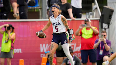 Madison Fulford (USA) feiert einen Touchdown bei der Flag-Football-WM.