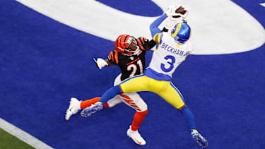 Los Angeles Rams Wide Receiver Odell Beckham Jr. fängt einen Touchdown im Super Bowl gegen die Cincinnati Bengals.