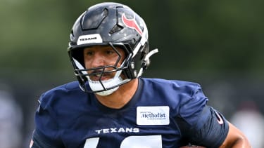 Jun 10, 2025; Houston, TX, USA; Houston Texans fullback Jakob Johnson (43) participates in a drill during an NFL football minicamp at NRG Stadium. Mandatory Credit: Maria Lysaker-Imagn Images