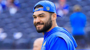 Los Angeles Rams Wide Receiver Puka Nacua während des Warm-ups vor dem Regular-Season-Spiel gegen die New York Giants am Montag, den 21. September 2026, im SoFi Stadium.