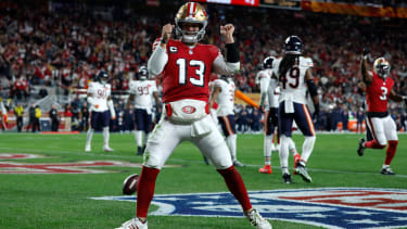 NFL, American Football Herren, USA Chicago Bears at San Francisco 49ers Dec 28, 2025; Santa Clara, California, USA; San Francisco 49ers quarterback Brock Purdy (13) celebrates after scoring a touchdown against the Chicago Bears in the first half at Levi s Stadium. Santa Clara Levi s Stadium California USA, EDITORIAL USE ONLY PUBLICATIONxINxGERxSUIxAUTxONLY Copyright: xSergioxEstradax 20251228_lbm_ea1_046