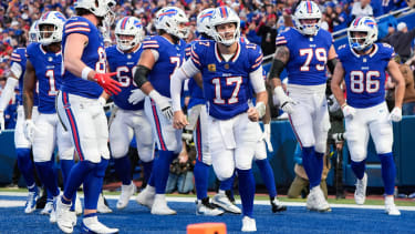 Nov 2, 2025; Orchard Park, New York, USA; Buffalo Bills quarterback Josh Allen (17) celebrates a touchdown scored by tight end Dalton Kincaid (86) in the first quarter against the Kansas City Chiefs at Highmark Stadium. Mandatory Credit: Gregory Fisher-Imagn Images