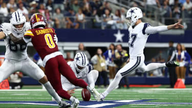 Oct 19, 2025; Arlington, Texas, USA; Dallas Cowboys kicker Brandon Aubrey (17) kicks a field goal against the Washington Commanders during the second quarter of the game at AT&T Stadium. Mandatory Credit: Kevin Jairaj-Imagn Images