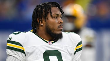 Green Bay Packers Running Back Josh Jacobs (8) vor dem NFL-Spiel gegen die Indianapolis Colts.