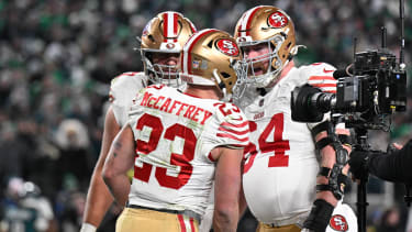 PHILADELPHIA, PA - JANUARY 11: San Francisco 49ers running back Christian McCaffrey 23 celebrates with teammates during the NFL, American Football Herren, USA Wild Card game between the San Fransisco 49ers and the Philadelphia Eagles on January 11th, 2026 at Lincoln Financial Field in Philadelphia, PA. (Photo by Terence Lewis Icon Sportswire) NFL: JAN 11 NFC Wildcard 49ers at Eagles EDITORIAL USE ONLY Icon260111030