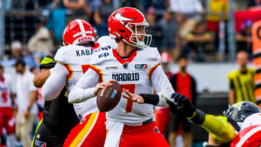 European League of Football, ELF Spiel: Wild Card Playoff Madrid Bravos bei Stuttgart Surge am 23. Aug. 2025, im Gazi-Stadion, Stuttgart, Deutschland. QB 7 Reid Sinnett Madrid Bravos European League of Football, ELF Game: Wild Card Playoff Madrid Bravos at Stuttgart Surge on 23. Aug. 2025 ,in the Gazi-Stadion, Stuttgart, Germany, QB 7 Reid Sinnett Madrid Bravos (License=RM) 23925298 Copyright: xZoonar.com FrankxBaumertx 23925298