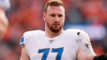 Dec 22, 2019; Denver, Colorado, USA; Detroit Lions center Frank Ragnow (77) before the game against the Denver Broncos at Empower Field at Mile High. Mandatory Credit: Isaiah J. Downing-Imagn Images