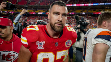 Dec 25, 2025; Kansas City, Missouri, USA; Kansas City Chiefs tight end Travis Kelce (87) after the game at GEHA Field at Arrowhead Stadium. Mandatory Credit: Denny Medley-Imagn Images