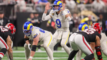 Dec 29, 2025; Atlanta, Georgia, USA; Los Angeles Rams quarterback Matthew Stafford (9) makes a call at the line against the Atlanta Falcons in the fourth quarter at Mercedes-Benz Stadium. Mandatory Credit: Brett Davis-Imagn Images