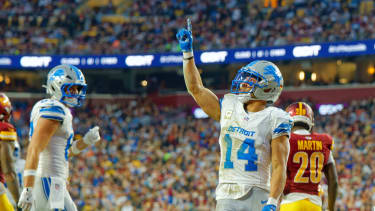 Detroit Lions at Washington Commanders Detroit Lions Wide Receiver Amon-Ra St. Brown (14) celebrating short TD