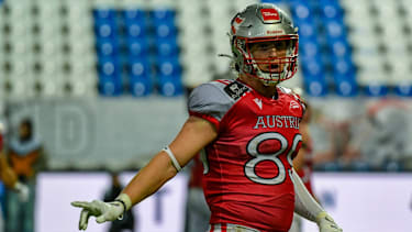 Tight End Florian Bierbaumer für die österreichische Nationalmannschaft bei der Europameisterschaft.