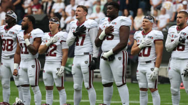 Players of Rhein Fire durin the National Hymn, Rhein Fire vs Nordic Storm, American Football, ELF, Europran League of Football, Season 2025, Week 14, 17.08.2025, Photo: Foot Bowl Klaus Sack Duisburg Schauinsland-Reisen-Arena Deutschland Copyright: xFootxBowl KlausxSackx