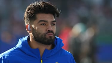 Wide Receiver Puka Nacua (12) von den Los Angeles Rams beim Aufwärmen vor dem Spiel im Melbourne Cricket Ground.